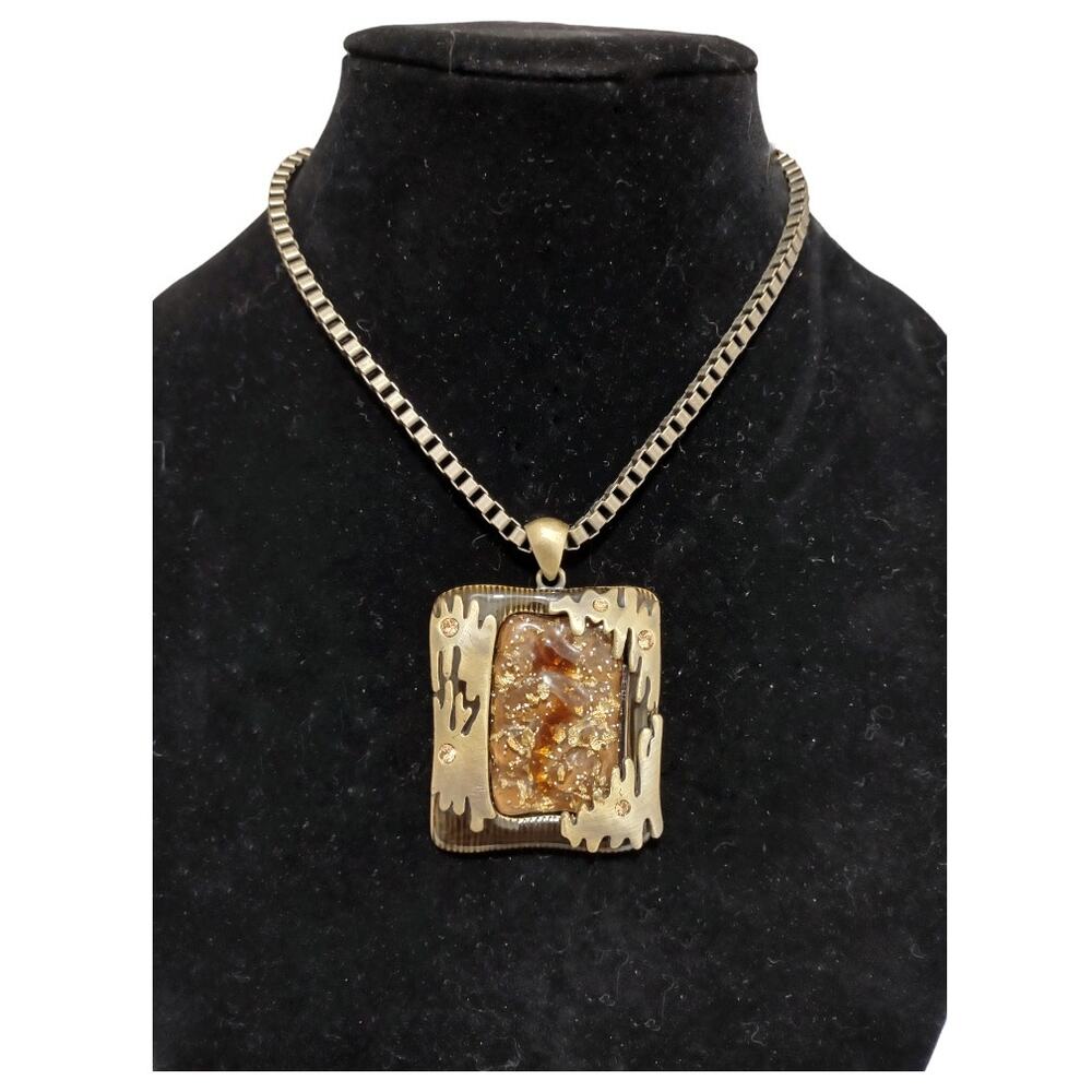 Amber Resin Pendant Necklace with 1/4" Box Chain Earth Tones Costume Jewlery